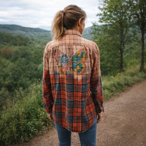 Handmade Tops - Upcycled Hand Painted Butterfly Flannel Shirt - Bleached Red L Unisex